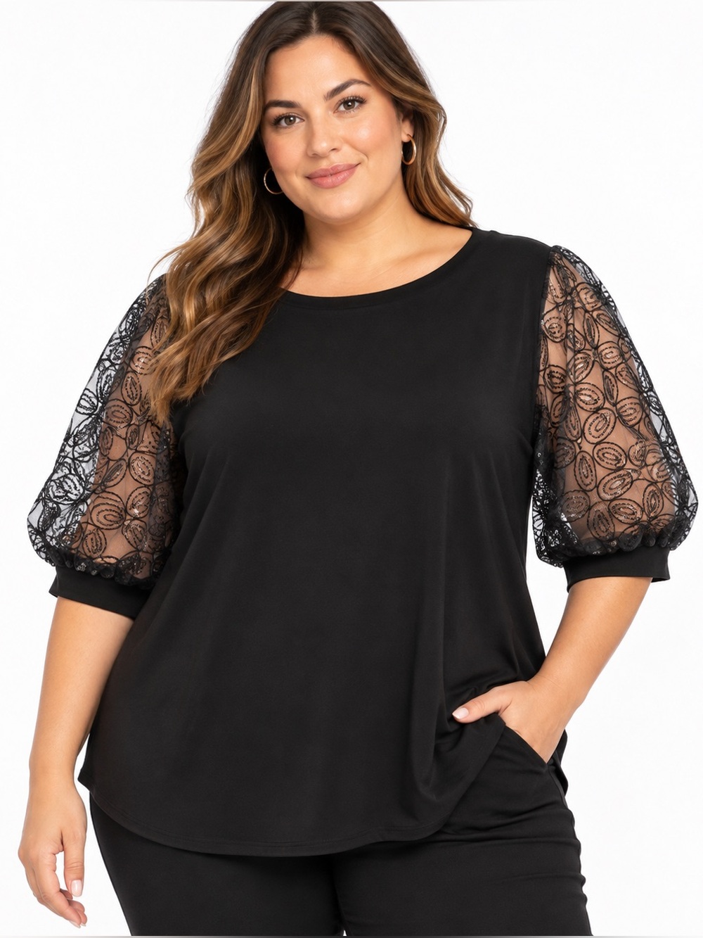 BloomChic NWT 22-24 Black Sequin Mesh Puff Sleeve Statement Top Plus Size